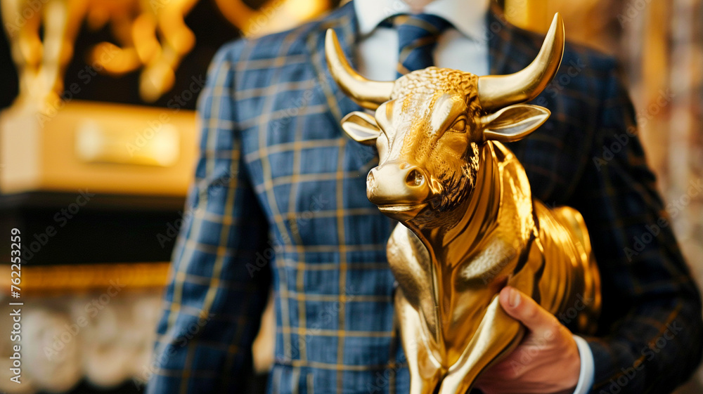 Man in business suit with golden bull trophy, symbol of success and success in the business or financial world.