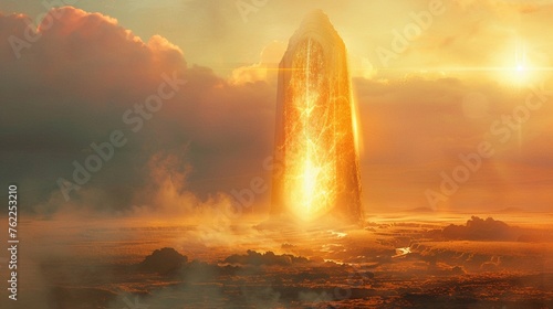 The artifact is bathed in a soft golden hour light, emitting a faint ethereal glow