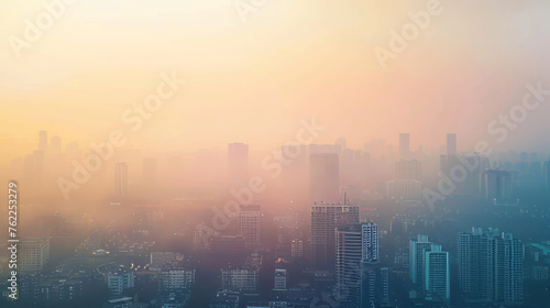 Smog city at daytime, dust. Buildings with bad weather and air pollution © standret