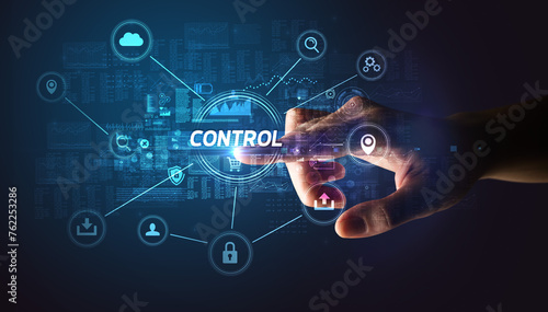 Fototapeta Naklejka Na Ścianę i Meble -  Hand touching cybersecurity button concept