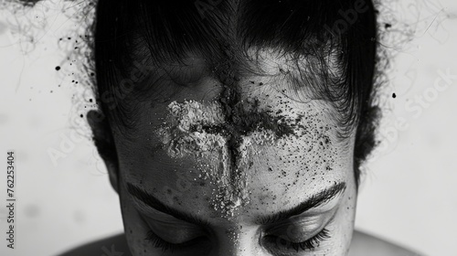The symbol of a cross made of ashes on praying woman's forehead for Ash Wednesday 