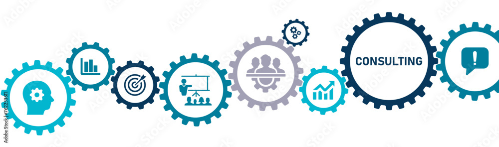 Consulting of business banner website icons vector illustration concept with an icons of knowledge potential experience expertise professional service goal strategy support success on white background