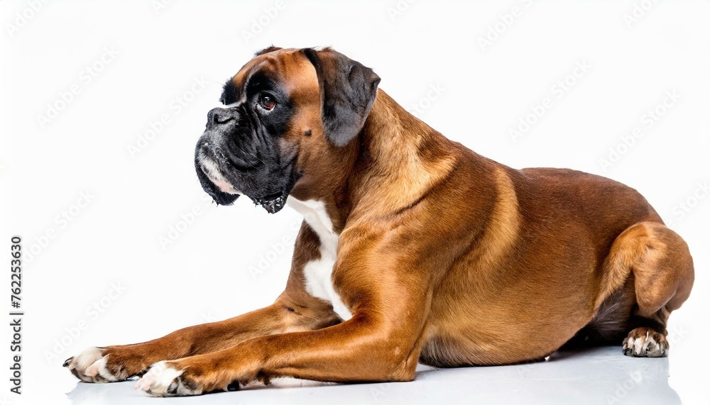 Boxer dog - Canis lupus familiaris - a medium to large short haired breed of domestic animal, brown and black colors isolated on white background, laying on floor Boxer dog - Canis lupus familiaris - a medium to large short haired breed of domestic animal, brown and black colors isolated on white background, laying on floor