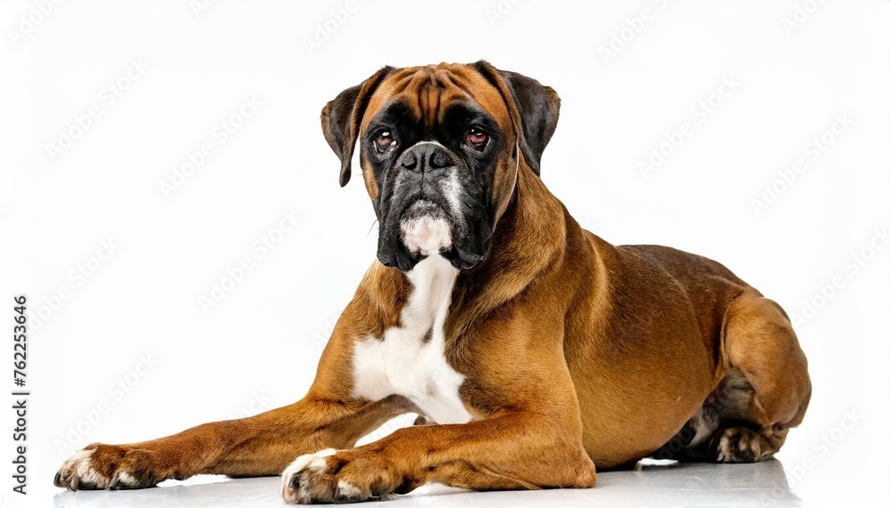 Boxer dog - Canis lupus familiaris - a medium to large short haired breed of domestic animal,  brown and black colors isolated on white background,  laying on floor