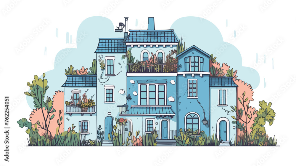 Doodle building. Cute small house and garden. Vector