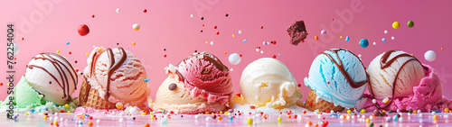 Scoops of ice cream with sprinkles flying around. photo