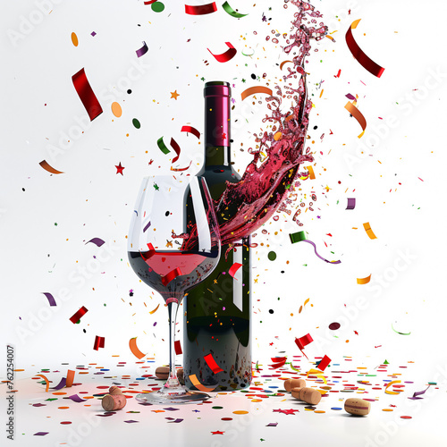 Wine bottle and glass with a splash and confetti. photo