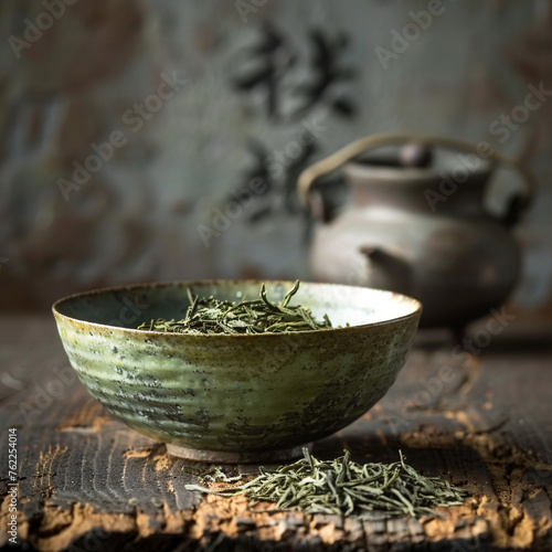 Tea leaves in a ceramic bowl with teapot and calligraphy. photo