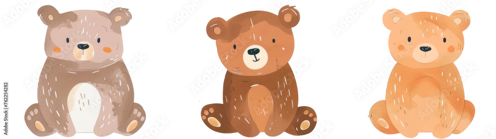 Simple set of clipart of three or 3 watercolor cartoon cute brown bears in pastel colors on a white or transparent background. Png file Simple set of clipart of three or 3 watercolor cartoon cute brown bears in pastel colors on a white or transparent background. Png file