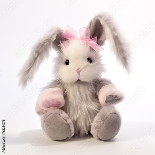 A cute plush bunny with a pink bow sits, its white and grey fur soft and cuddly. photo