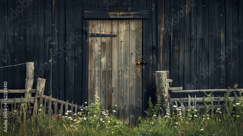 Wooden door and old fence in a black barn