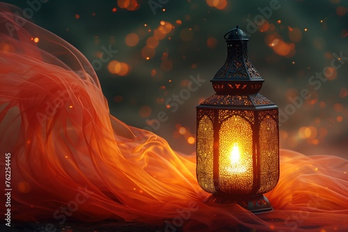 Lantern for Ramadan on dark background with red scarf or cloth, Muslim holiday. Generative AI