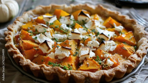 Butternut squash tart with fresh sage leaves. Close-up with selective focus.