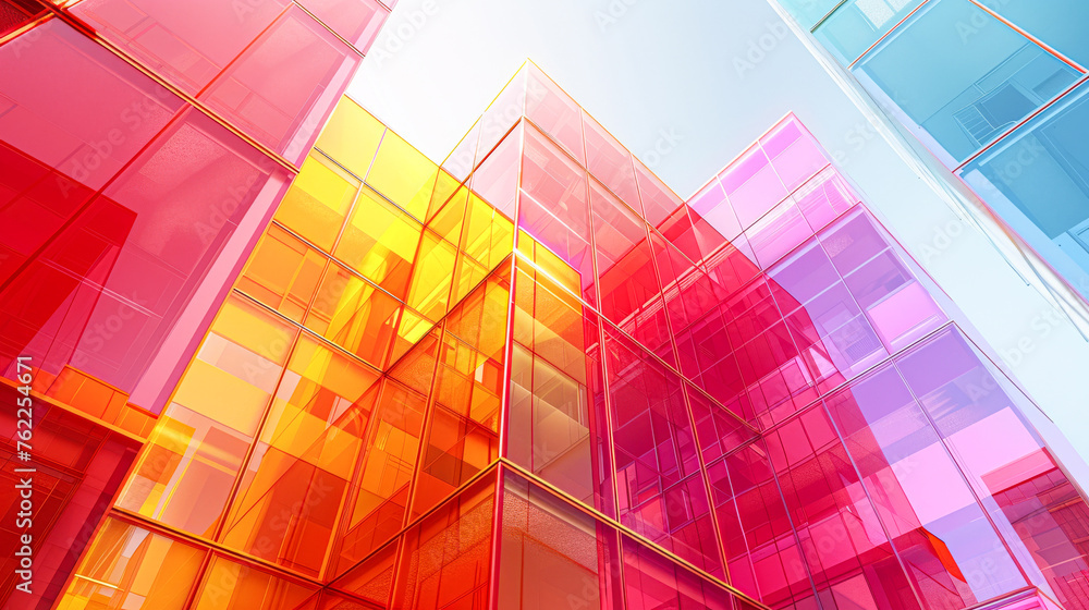 A building with many windows and a pink and yellow color scheme. The building is very tall and has a modern look - obrazy, fototapety, plakaty 