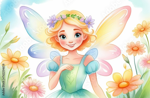 adorable fairy girl with wings and flora wreath watercolor pastel style