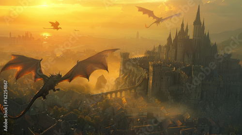 Fantasy cityscape at sunset with dragons flying over a majestic castle and medieval town bathed in golden light, surrounded by mountains.