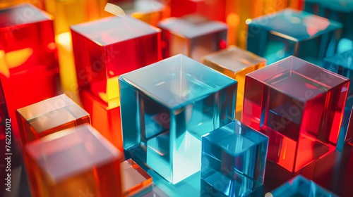 A colorful array of cubes made of clear plastic. The cubes are arranged in a way that creates a sense of depth and dimension. The colors of the cubes are bright and vibrant