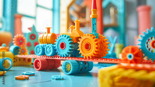 A colorful train made of plastic gears and wheels. The train is on a bridge and has a red and yellow engine