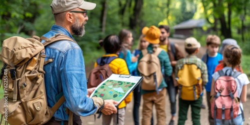 A guide outdoors explains a map to an attentive group of young hikers.