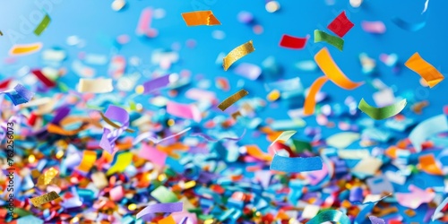 Festive background with multicolored confetti pieces scattered in the air.