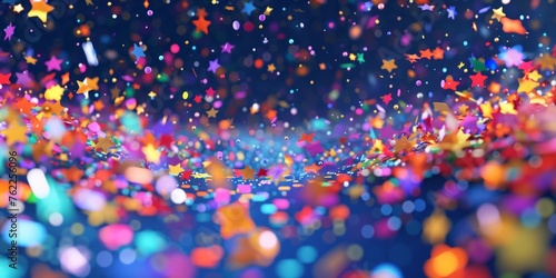 Colorful star-shaped confetti on a glittering dark background depicting celebration.