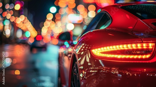 Close-up of a red sports car tail light with defocused city lights in the background. © tashechka