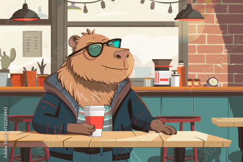 Modern anthropomorphic capybara in sunglasses with a paper cup of coffee in a coffee shop