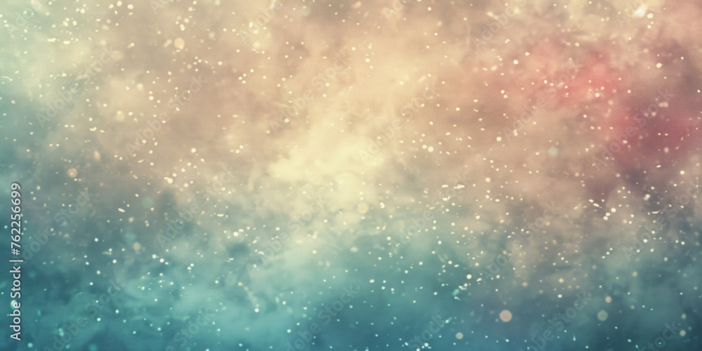 Fototapeta premium Glistening snowfall on abstract glowing bokeh background with warm and cool tones.