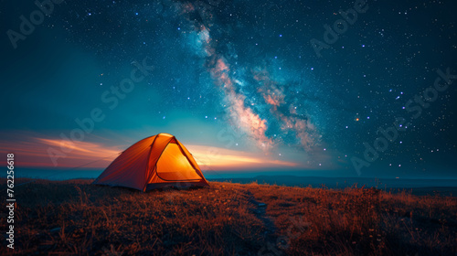 Modern Tent camping mountain under starry sky with milky way View of the serene landscape