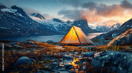 Modern Tent camping mountain under starry sky with milky way View of the serene landscape © ND STOCK