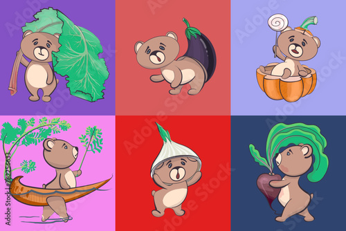 A set of surprised and embarrassed bear cubs with vegetables in comical poses. 