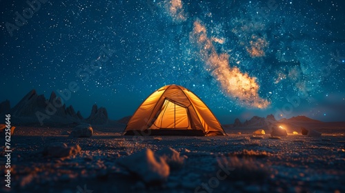 Modern Tent camping mountain under starry sky with milky way View of the serene landscape