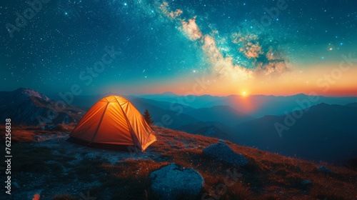 Modern Tent camping mountain under starry sky with milky way View of the serene landscape