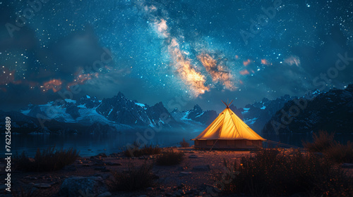 Modern Tent camping mountain under starry sky with milky way View of the serene landscape