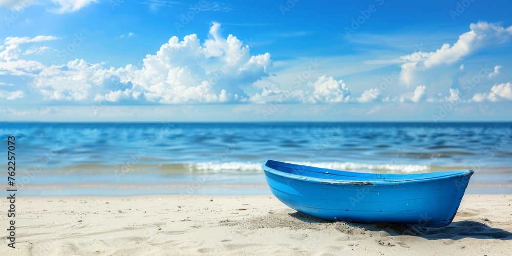 Fototapeta premium Serene scene of a solitary blue boat on a sandy beach with a vast cloudy sky above.