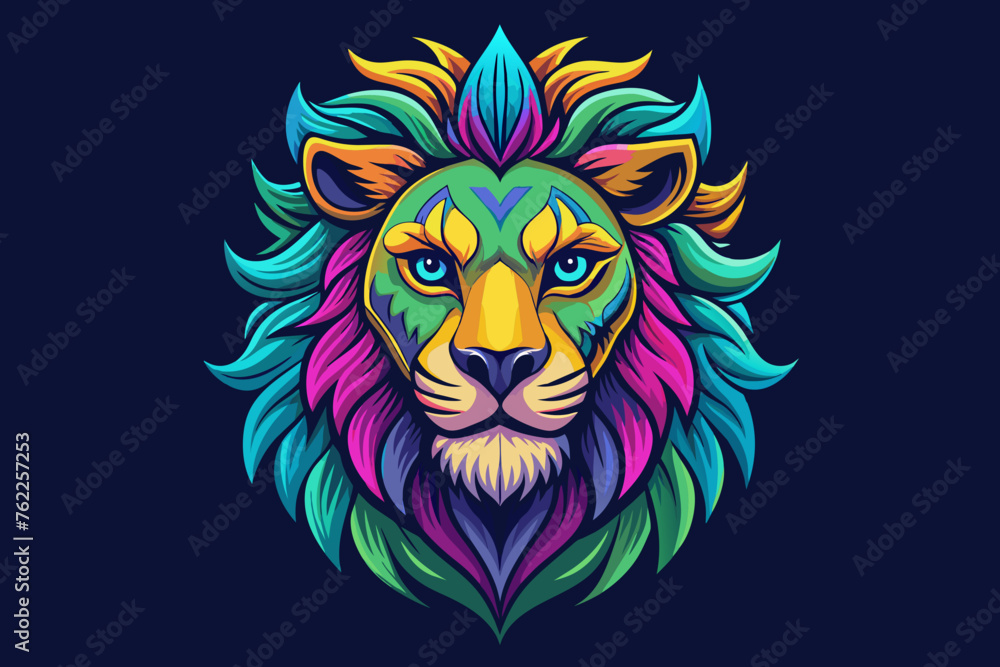 a hippy lion head, print ready vector t-shirt design, sticker dark black background, professional vector, high detail, t-shirt design, graffiti, vibrant, Use only all shades of magenta, teal blue 