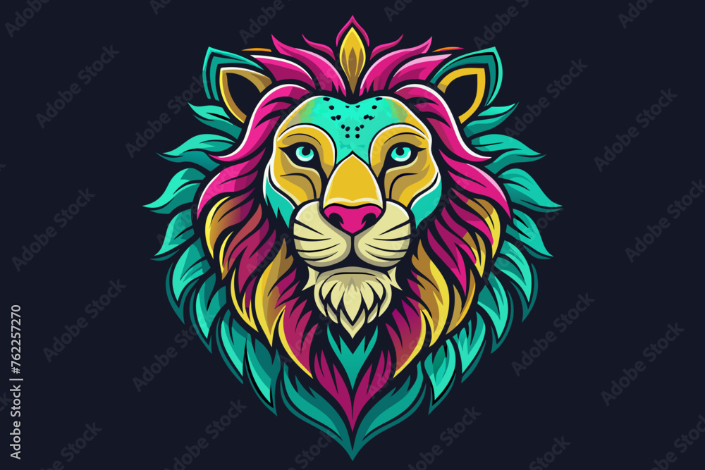 a hippy lion head, print ready vector t-shirt design, sticker dark black background, professional vector, high detail, t-shirt design, graffiti, vibrant, Use only all shades of magenta, teal blue 