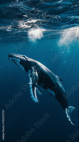 A whale with open mouth swims gracefully underwater, light rays piercing the deep blue sea photo