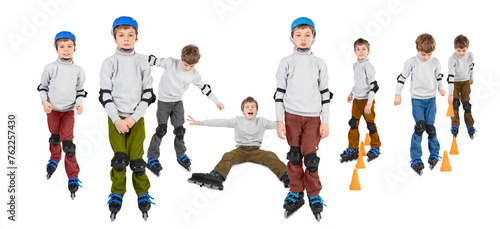 Eight poses of boy on rollers isolated on white, collage with one model photo