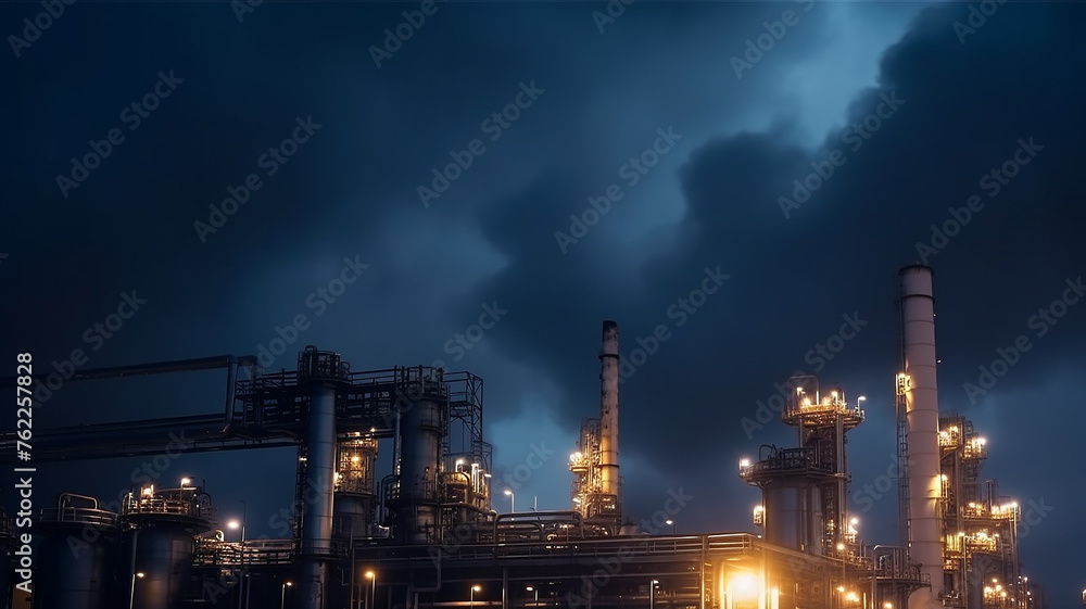oil refinery pipe panorama, gloomy atmosphere, environmental pollution, ecology, carbon footprint