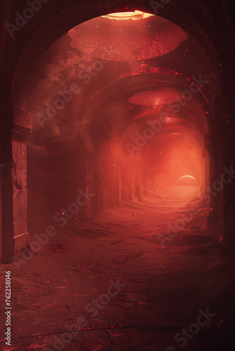 Mysterious, red-lit tunnel with smoke, creating an eerie and ominous atmosphere. photo