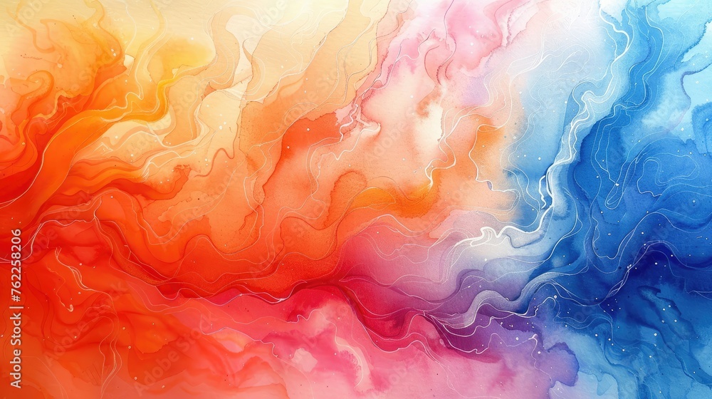 Fluid art pattern with swirling colors of red, orange, and blue gradients.