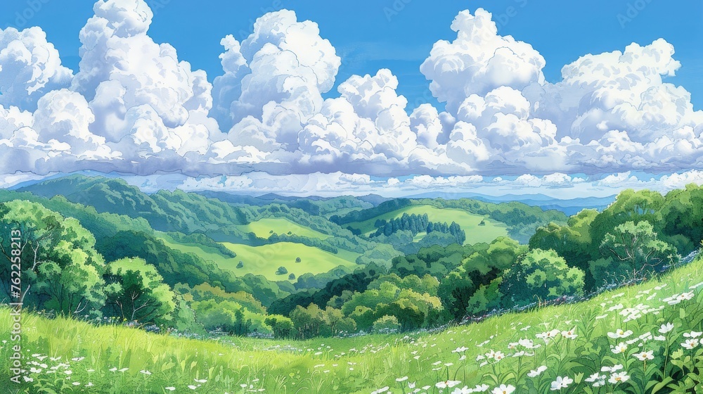 Idyllic landscape of rolling hills and fluffy clouds in a watercolor style.