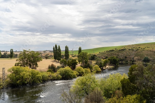 flowing river past farmland in summer  in the Tasmania wilderness. Lake with a Sandy beach and trees in Australia