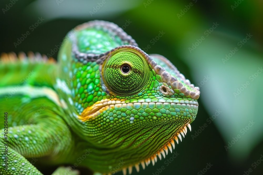 Fototapeta premium Green colored chameleon close up. Generative AI.