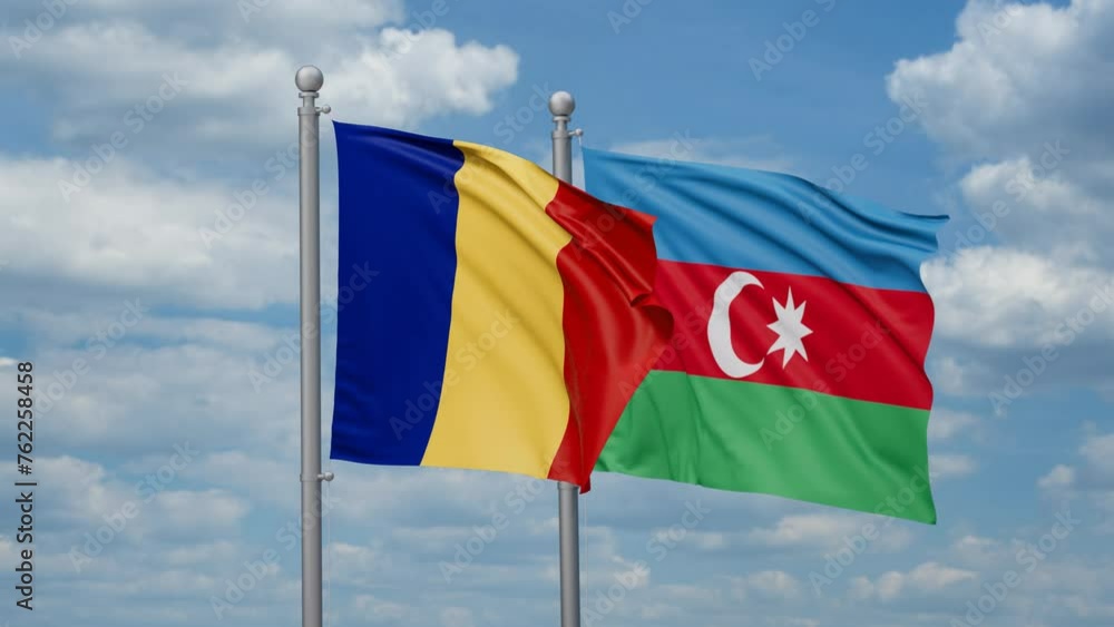 Azerbaijan and Romania two flags waving together, looped video, two country cooperation concept Azerbaijan and Romania two flags waving together, looped video, two country cooperation concept