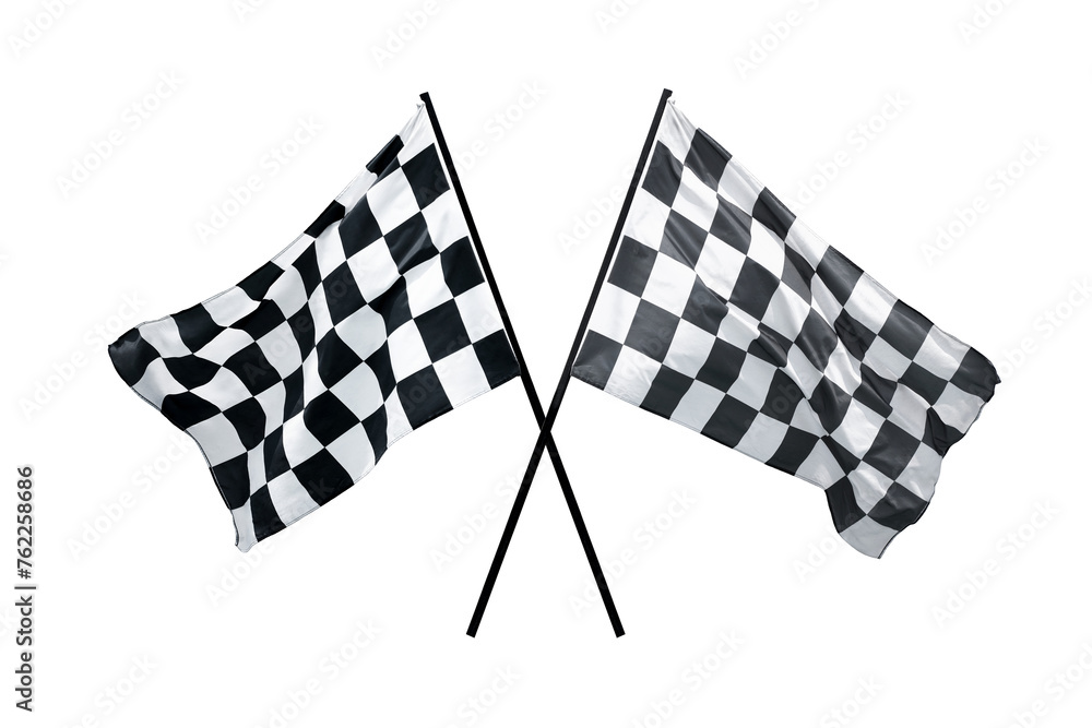 Fototapeta premium win winner checkered flag Black and white waving on on post sign of final round end of line racing motor sport competition game. checkered flag isolated on white background. This has clipping path.