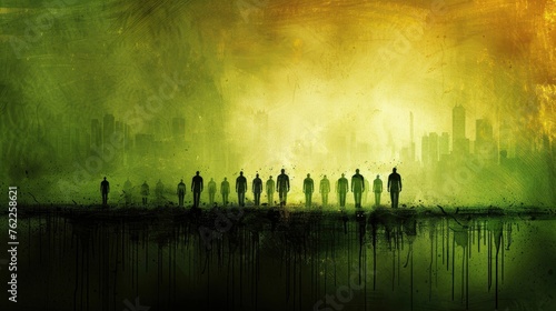 Artistic depiction of silhouetted figures against a gritty urban backdrop.