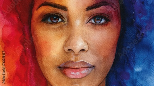 Watercolor portrait of a woman with a vibrant, multicolored background.