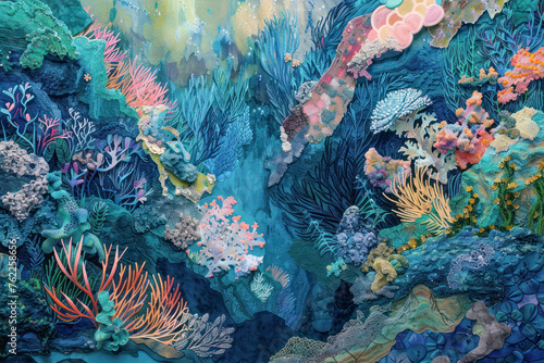 Vivid Coral Reef Tapestry. This intricate artwork captures the rich and textured diversity of life in a coral reef, rendered as a stunning tapestry.